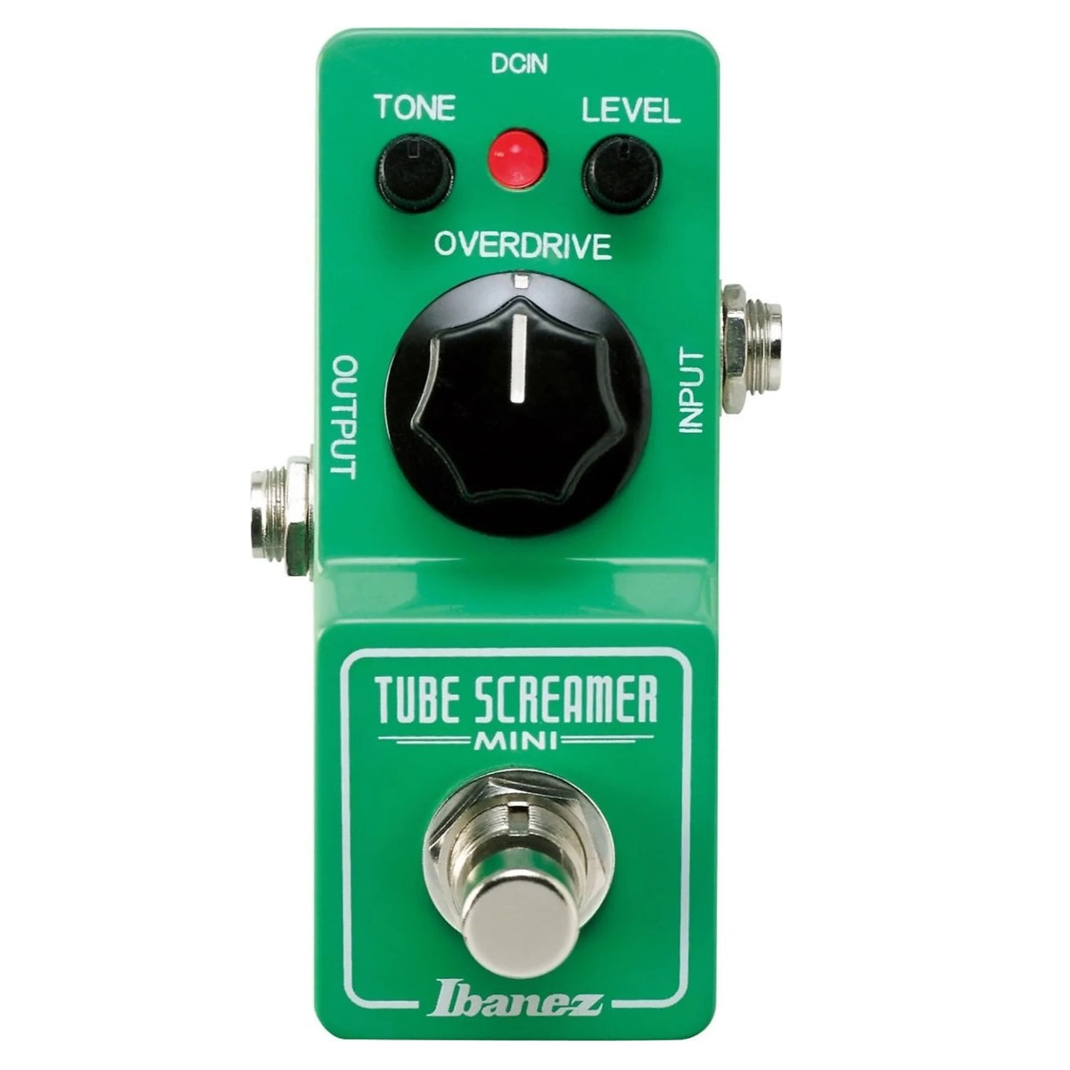 Ibanez TS Mini Tube Screamer overdrive pedal - angled view of green enclosure