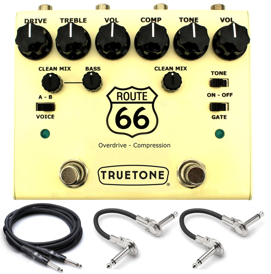 Truetone V3 Route 66 overdrive compression pedal — cream enclosure with cables