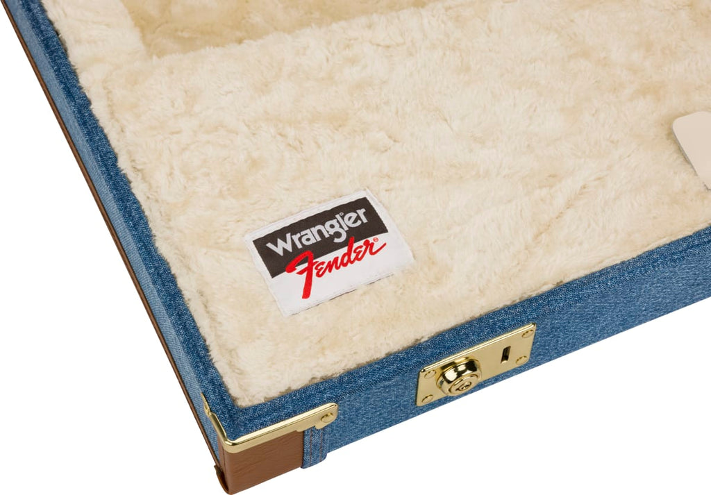 Fender x Wrangler denim guitar case — open with guitar