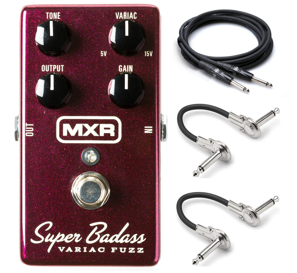 MXR M236 Super Badass Variac Fuzz pedal — sparkle enclosure with cables