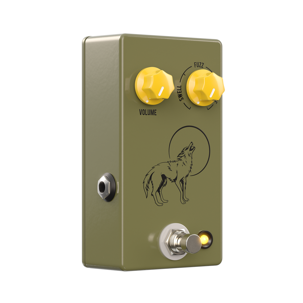 JHS Coyote octave fuzz pedal — side profile of olive green enclosure
