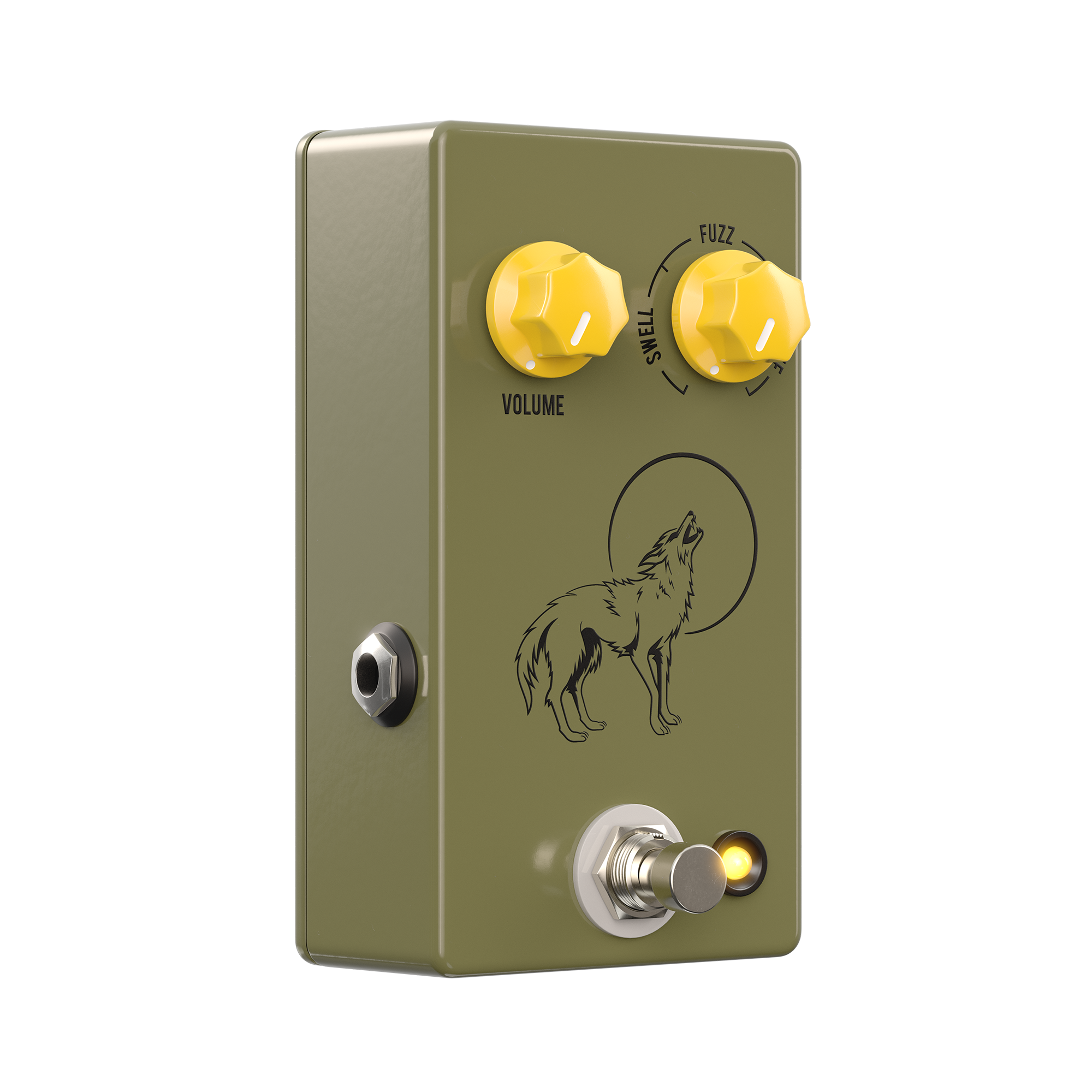 JHS Coyote octave fuzz pedal — side profile of olive green enclosure