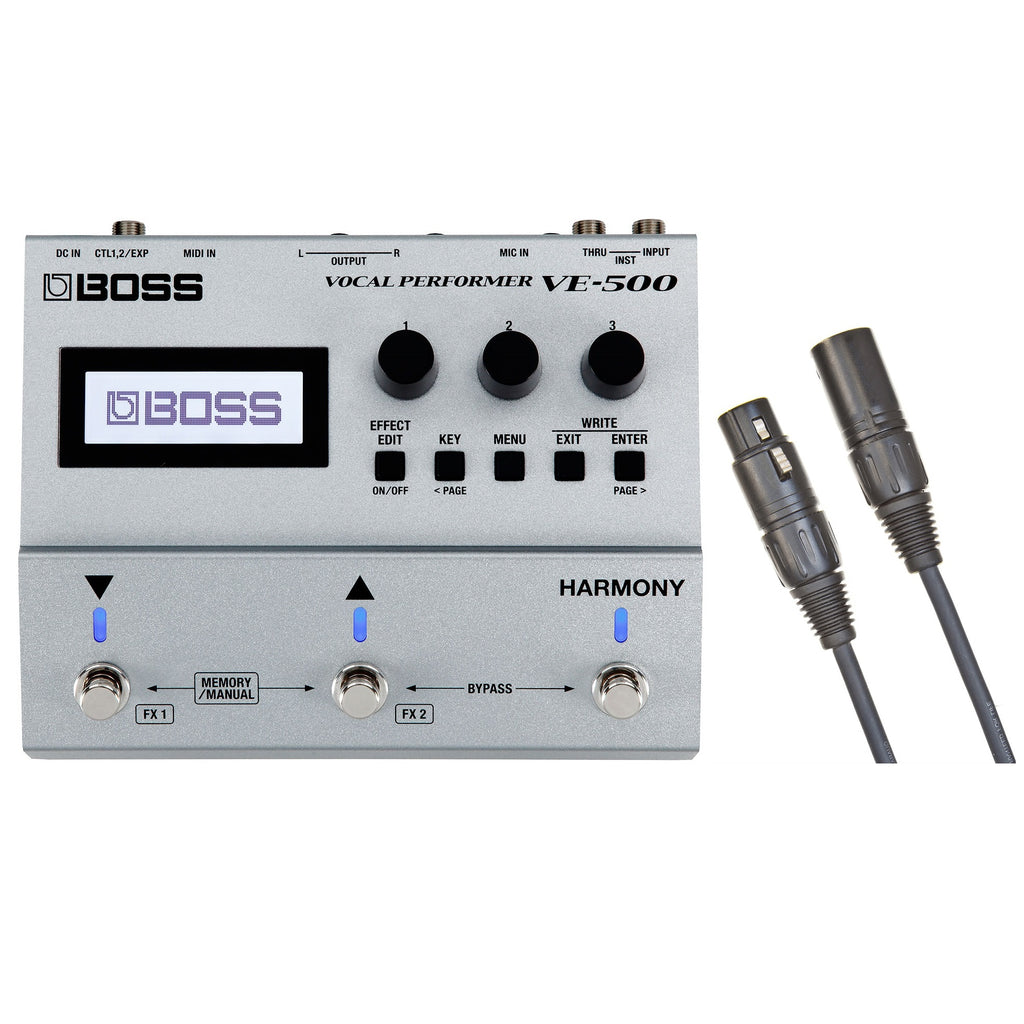 Boss VE-500 Vocal Performer pedal in silver with XLR mic cable