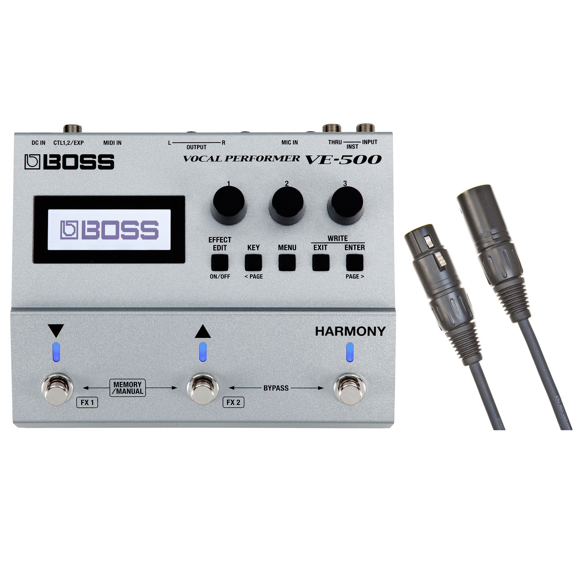 Boss VE-500 Vocal Performer pedal in silver with XLR mic cable