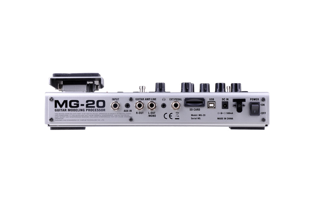 NUX MG-20 multi-effects FX pedal — silver enclosure overview