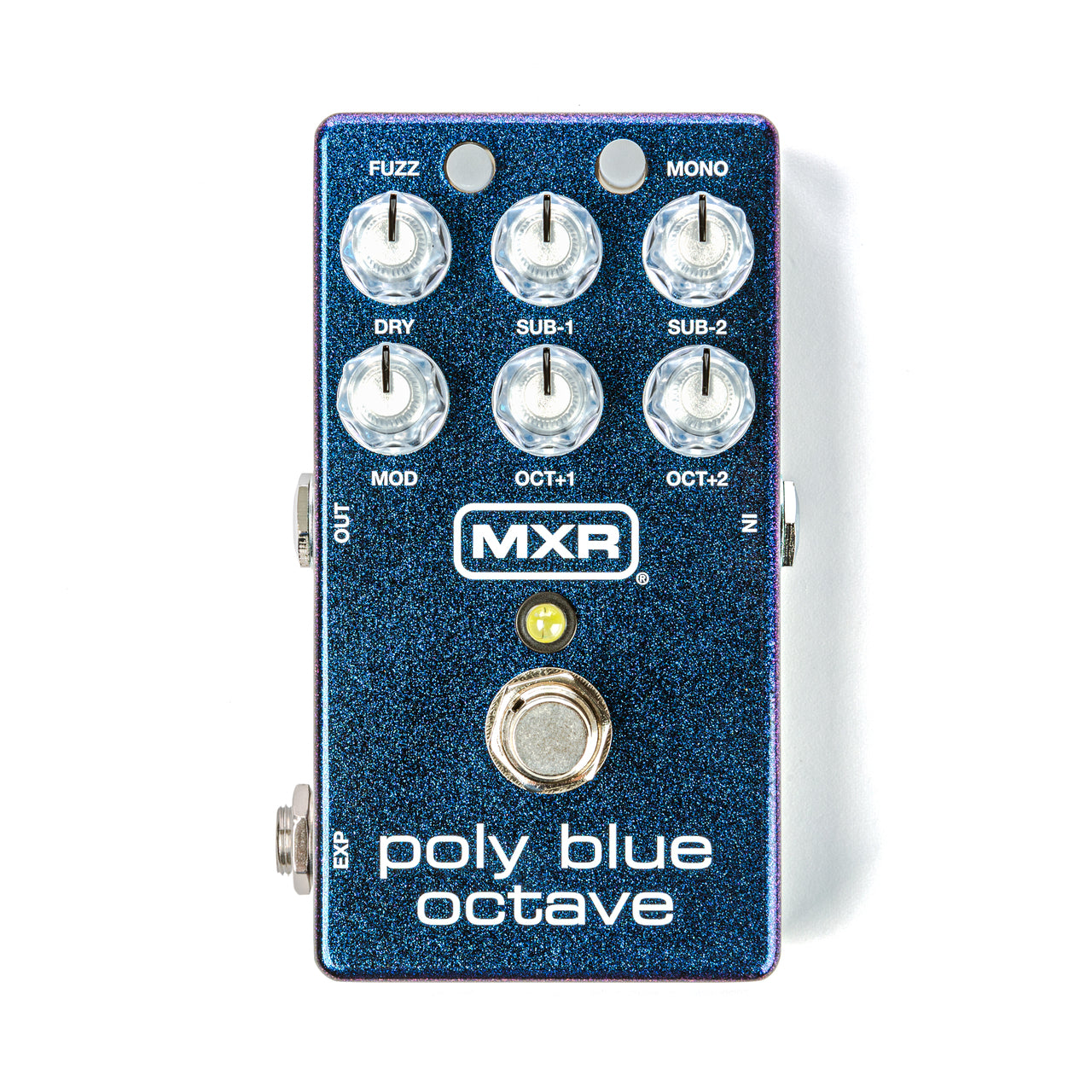 MXR M306 Poly Blue Octave pedal — angled view showing footswitch and LED