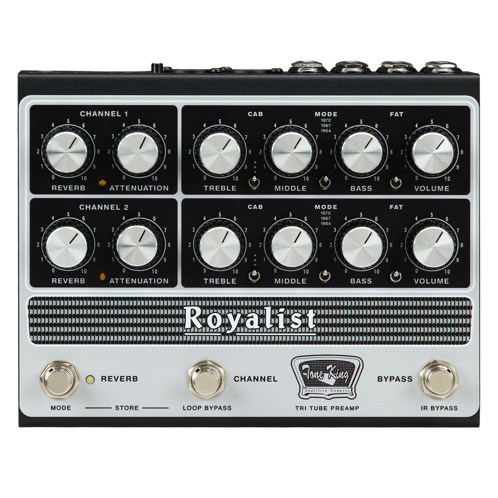 Tone King Royalist tri-tube British preamp pedal — front control panel, black & silver
