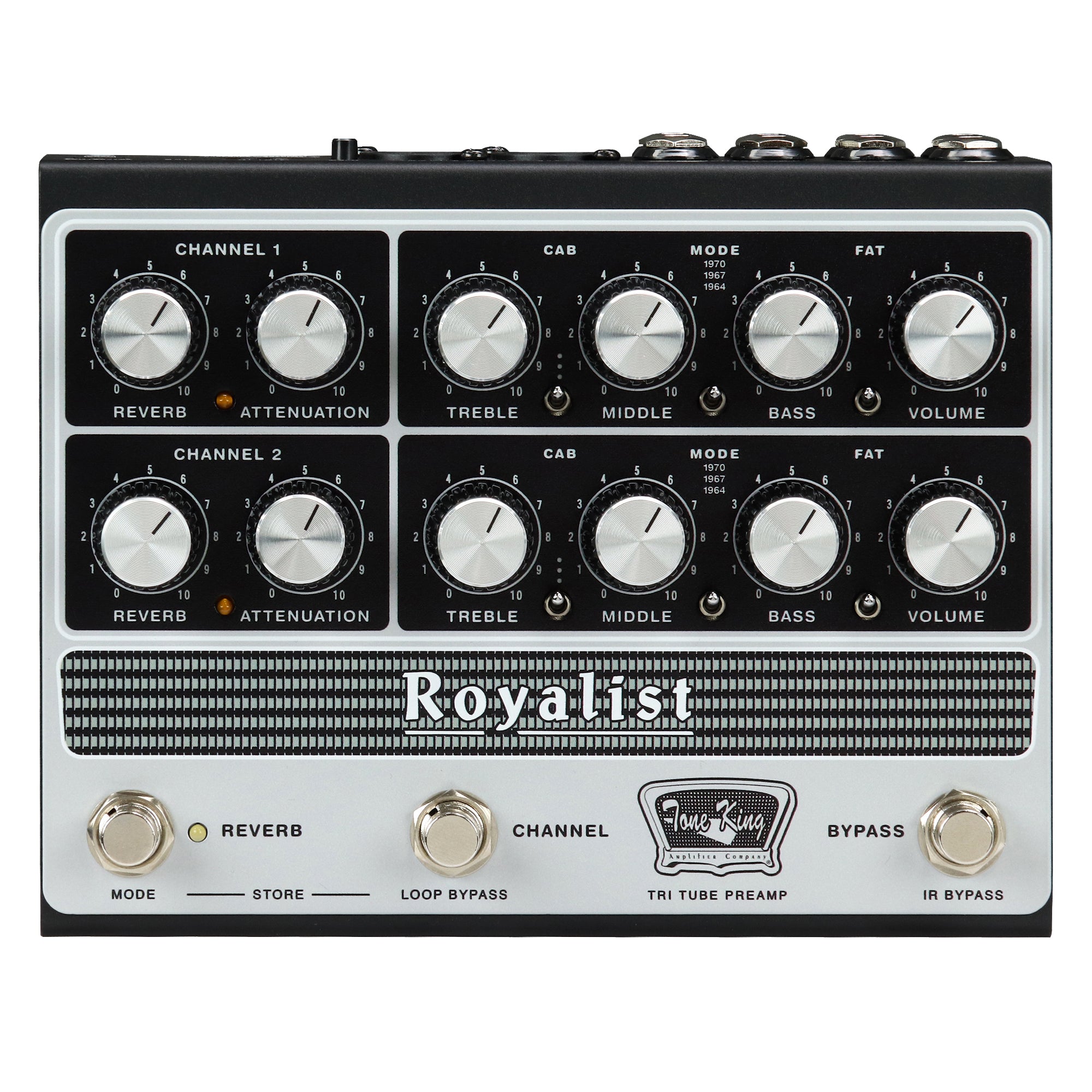 Tone King Royalist tri-tube British preamp pedal — front control panel, black & silver