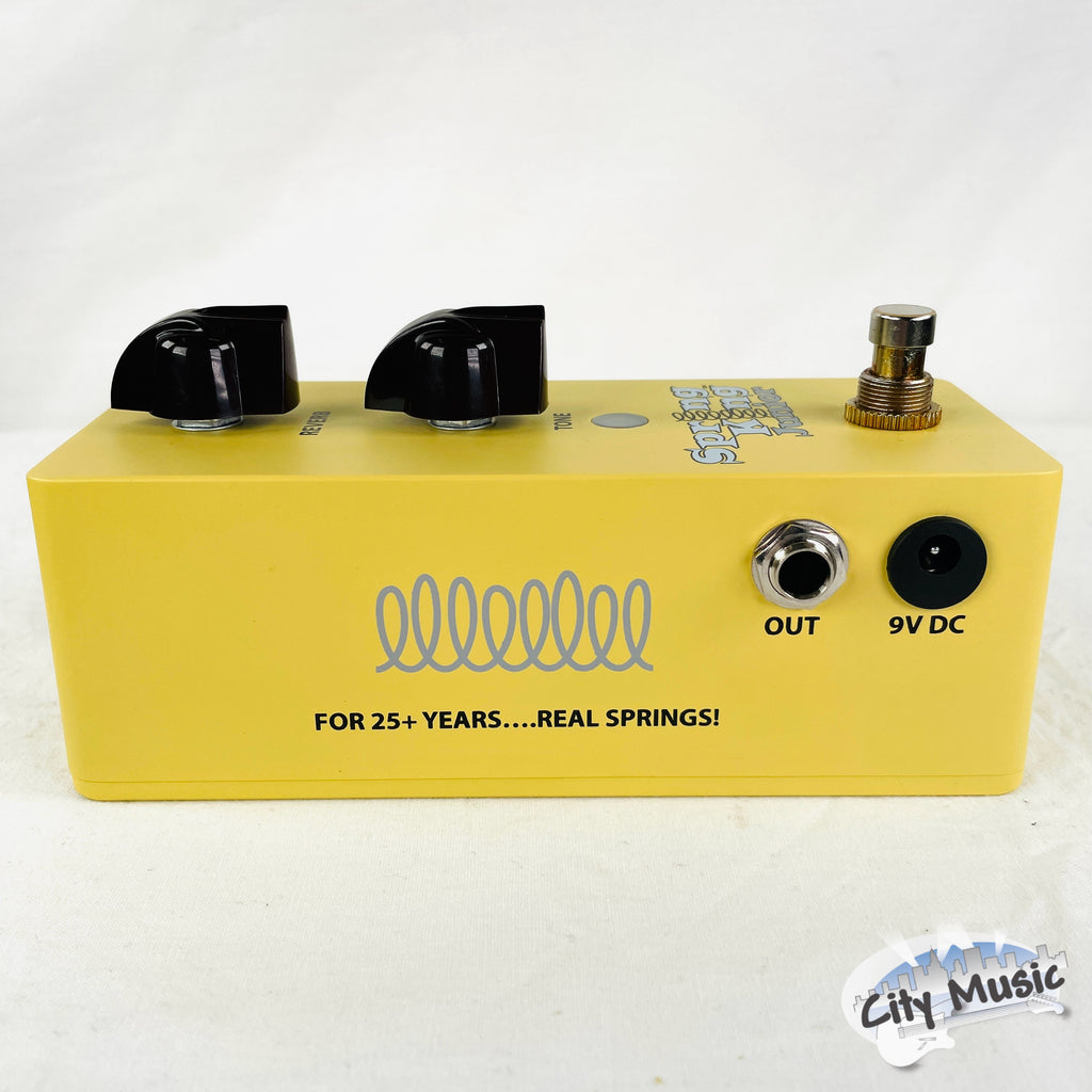 Used Danelectro Spring King Junior yellow reverb pedal — rear view