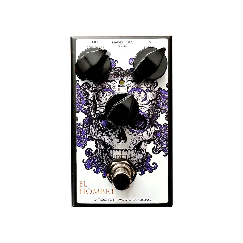 J. Rockett El Hombre overdrive pedal — white face with purple skull graphic, top view