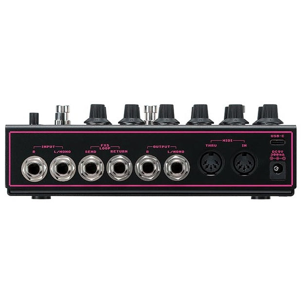 Ibanez LD303 Layer Delayer delay pedal — rear panel with stereo, MIDI and FX loop jacks