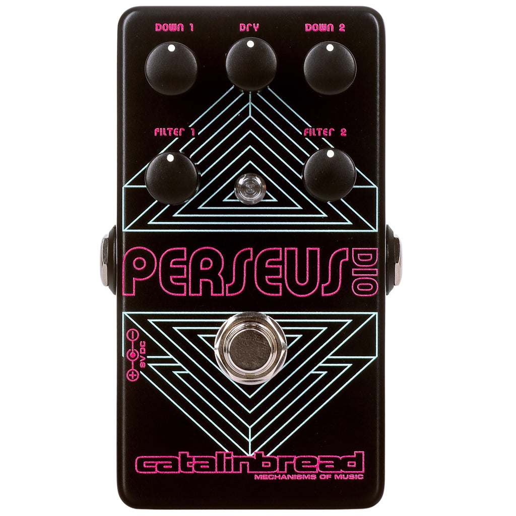 Catalinbread Perseus Dio sub-octave fuzz pedal — angled view of five knobs and footswitch