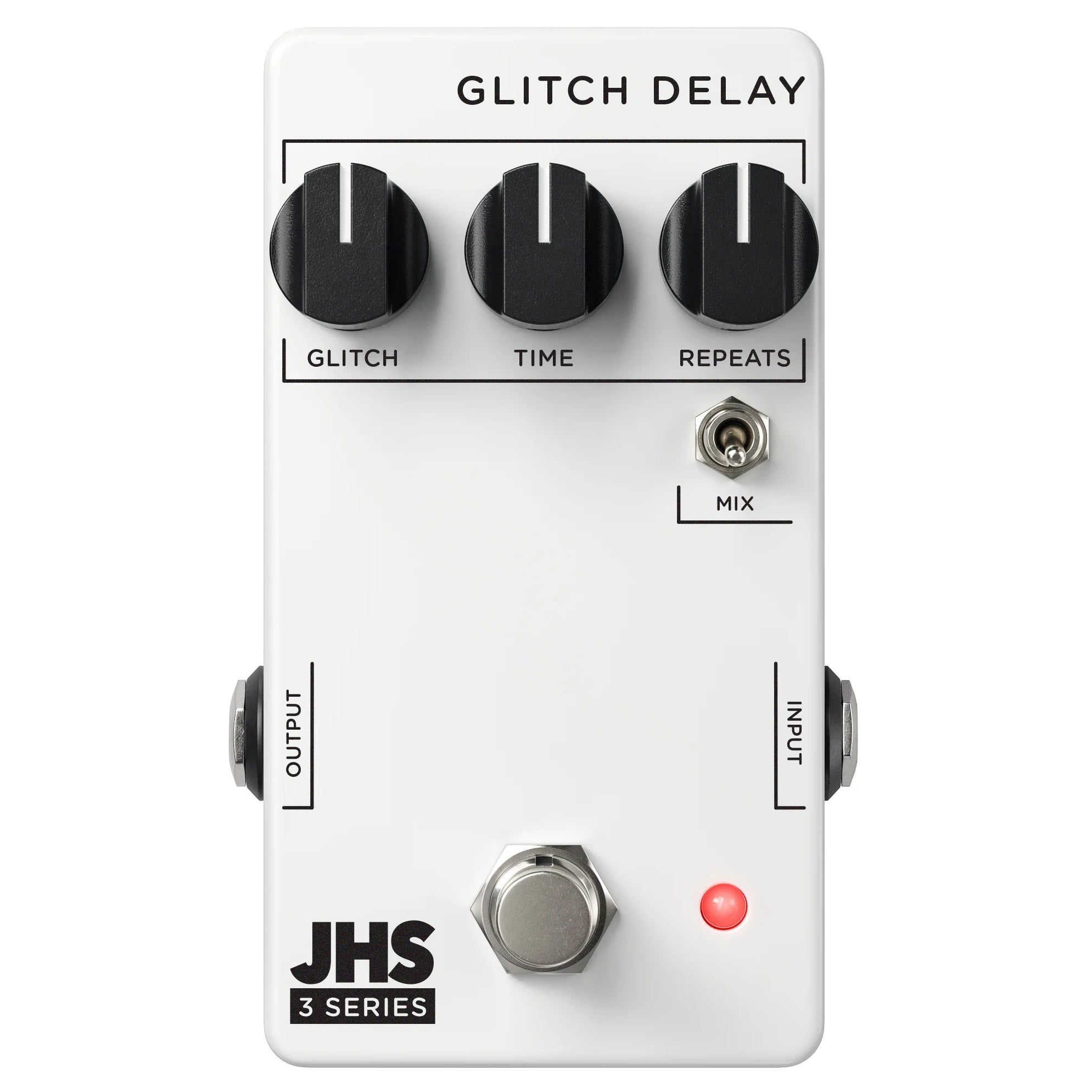 JHS 3 Series Glitch Delay pedal — white enclosure, top view with Glitch, Time, Repeats knobs