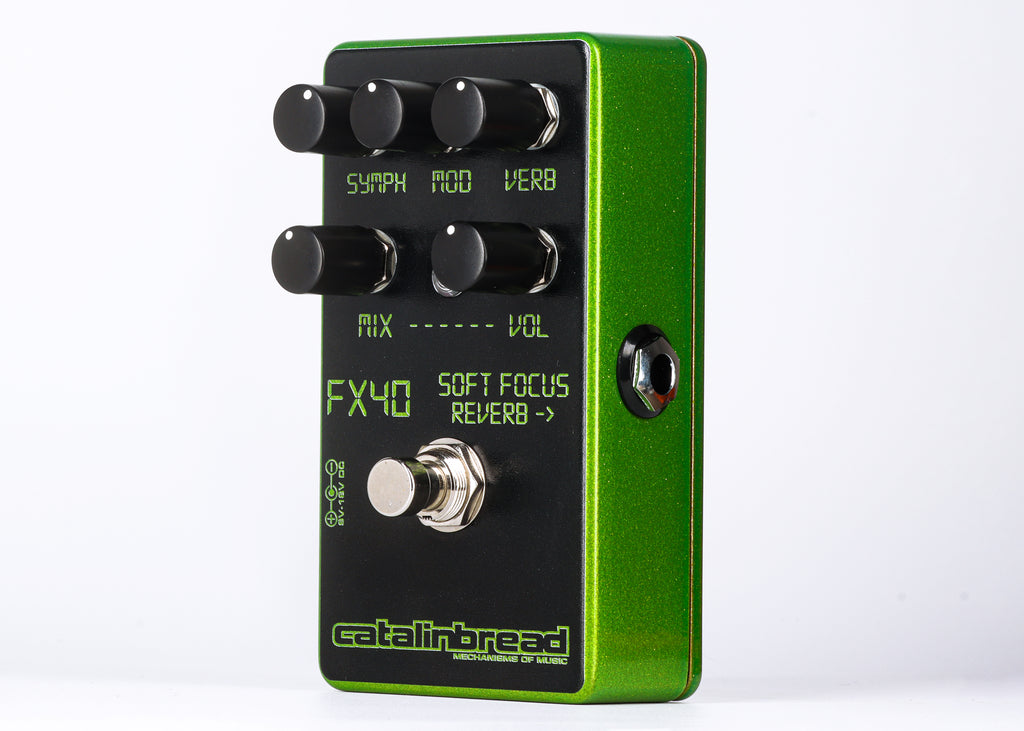 Catalinbread Soft Focus LCD Green reverb pedal — side view showing input jack