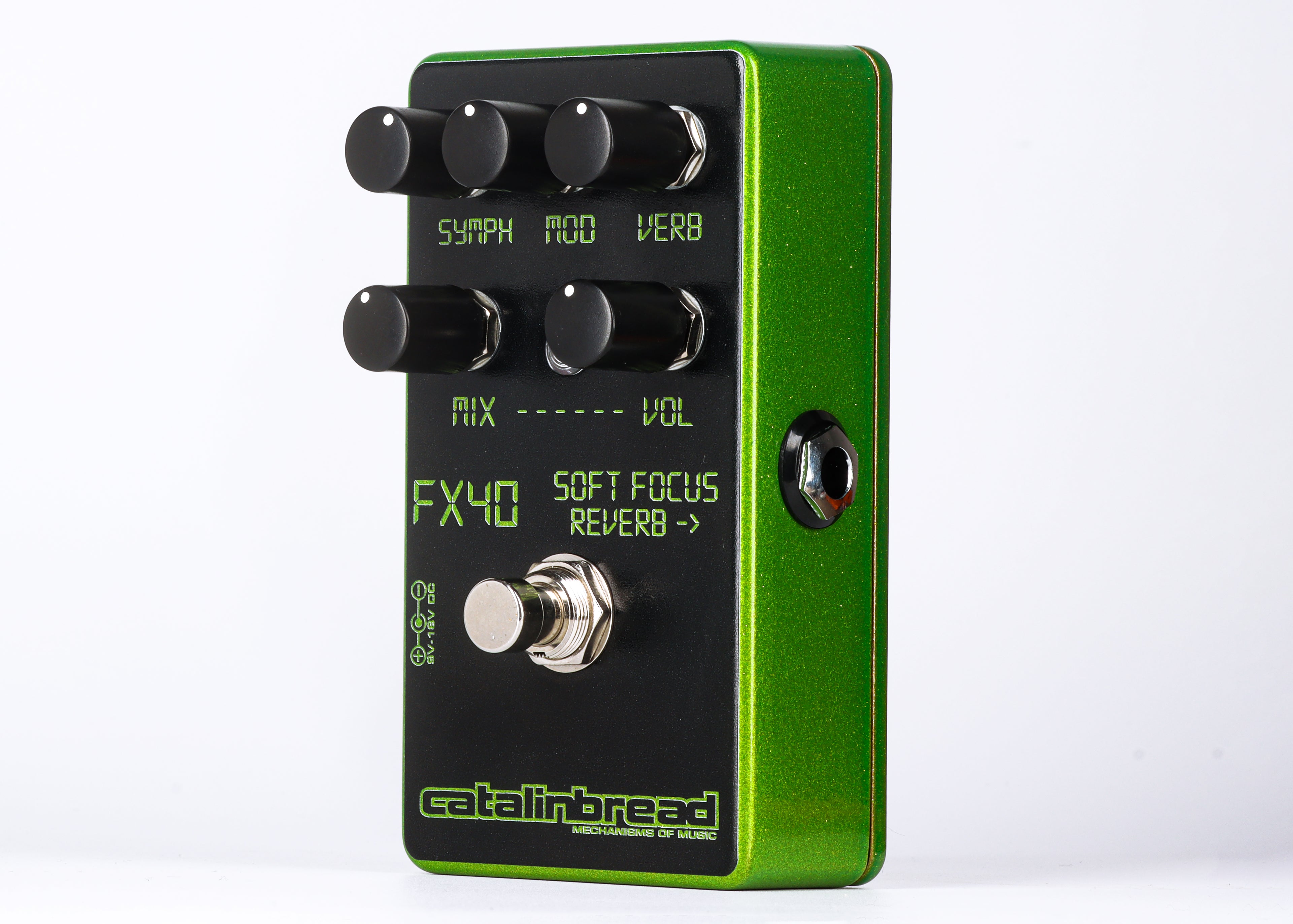 Catalinbread Soft Focus LCD Green reverb pedal — side view showing input jack