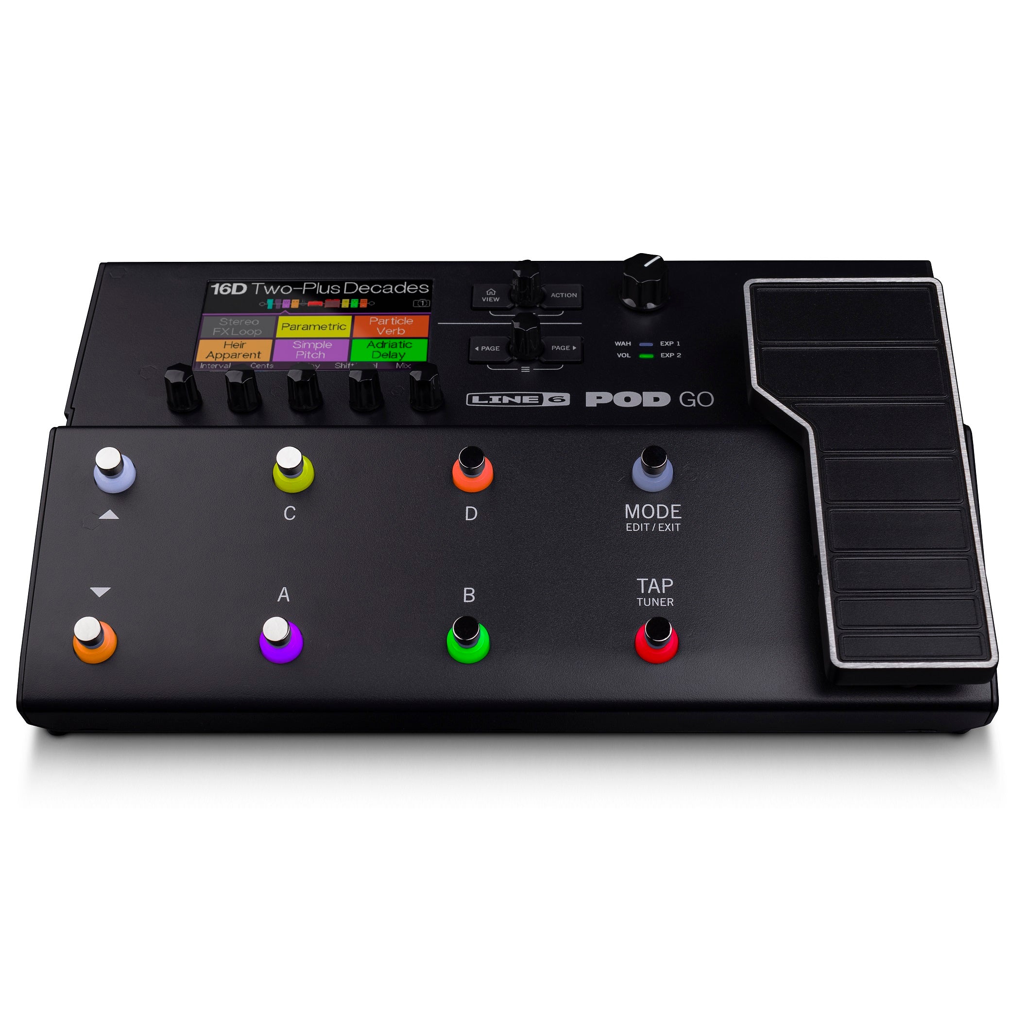 Line 6 POD Go multi-effects processor - angled view with color screen and expression pedal