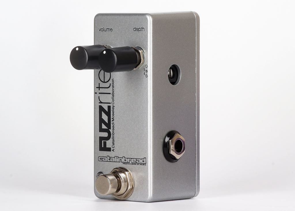 Catalinbread Fuzzrite Mini fuzz pedal — angled silver mini pedal view