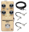 Pigtronix Philosopher's Gold distortion pedal — gold enclosure with included cables