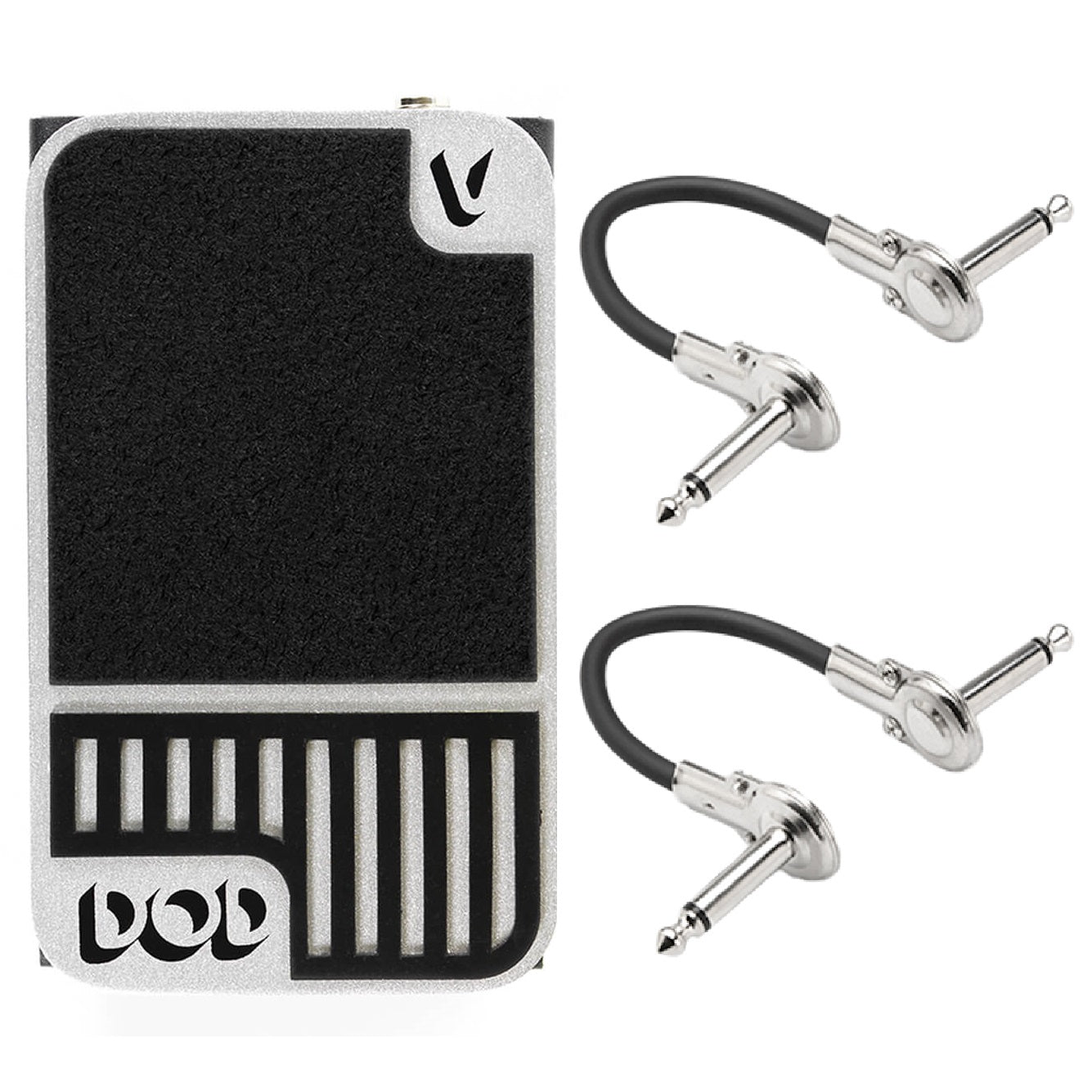 DOD Mini Volume pedal — silver front with included patch cables
