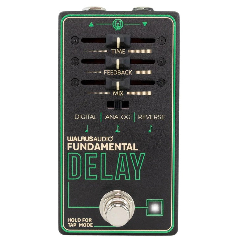 Walrus Audio Fundamental Delay pedal — black enclosure with green ink, fader controls