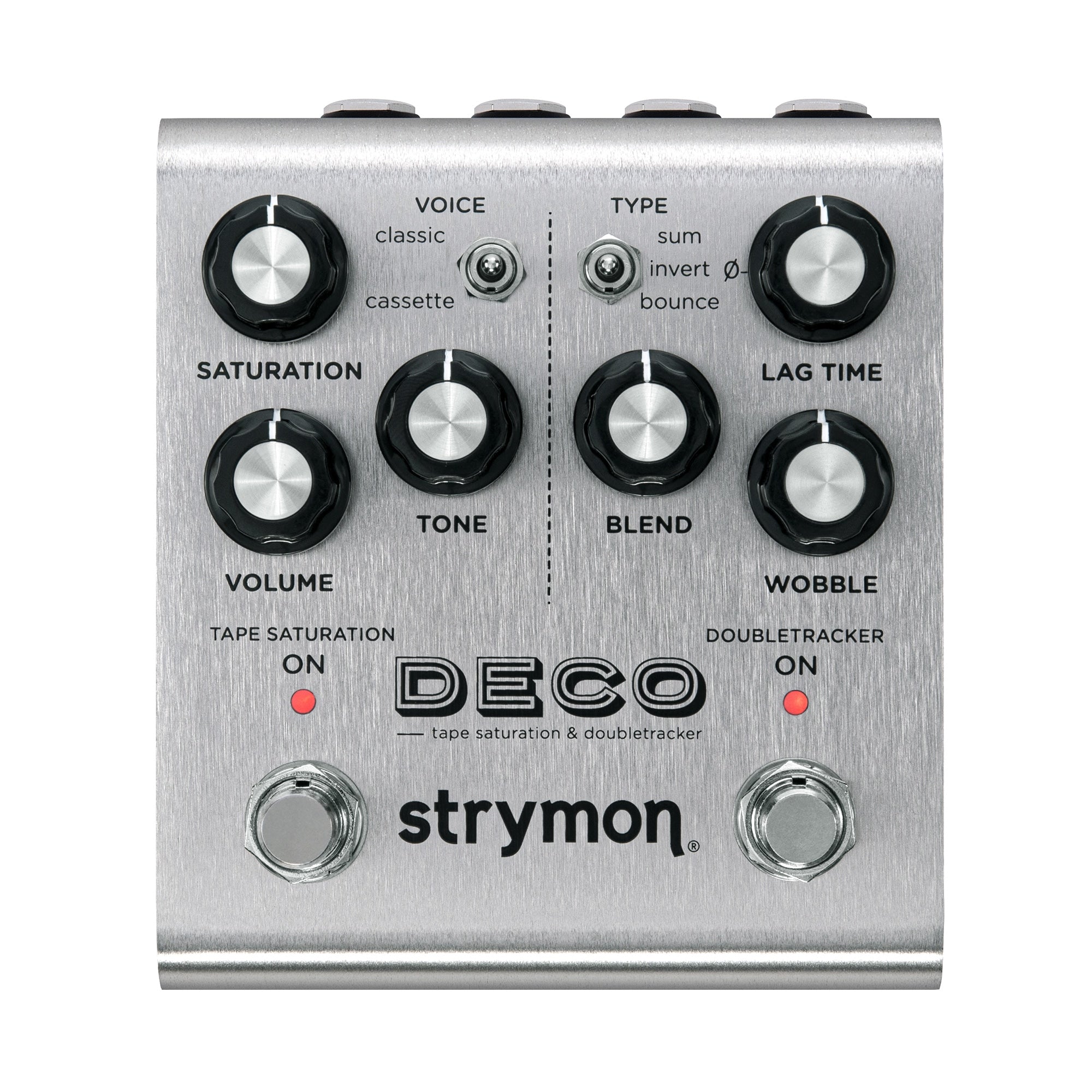 Strymon Deco V2 tape saturation pedal — silver enclosure front view