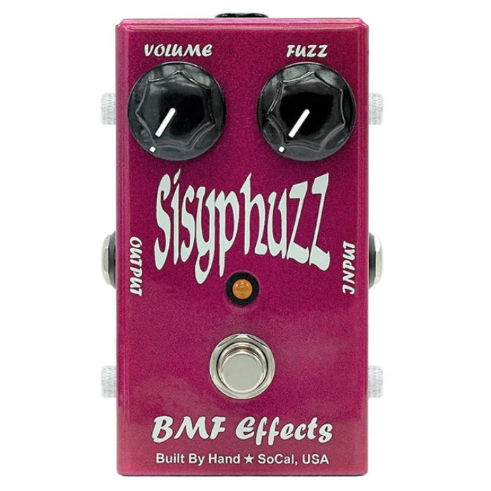 BMF Effects Sisyphuzz silicon fuzz pedal — magenta enclosure, top view