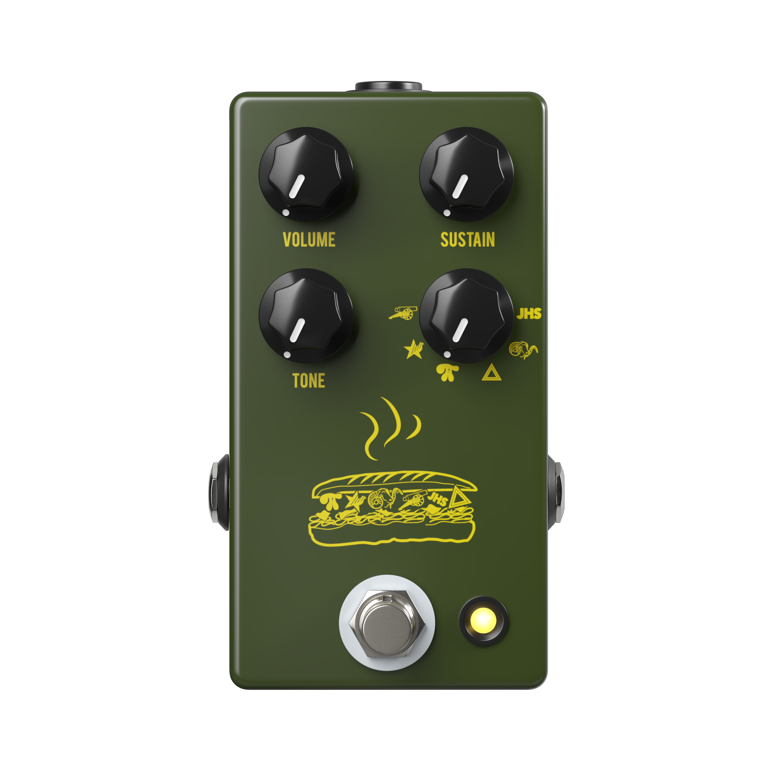 JHS Muffuletta fuzz pedal in Army Green — angled view