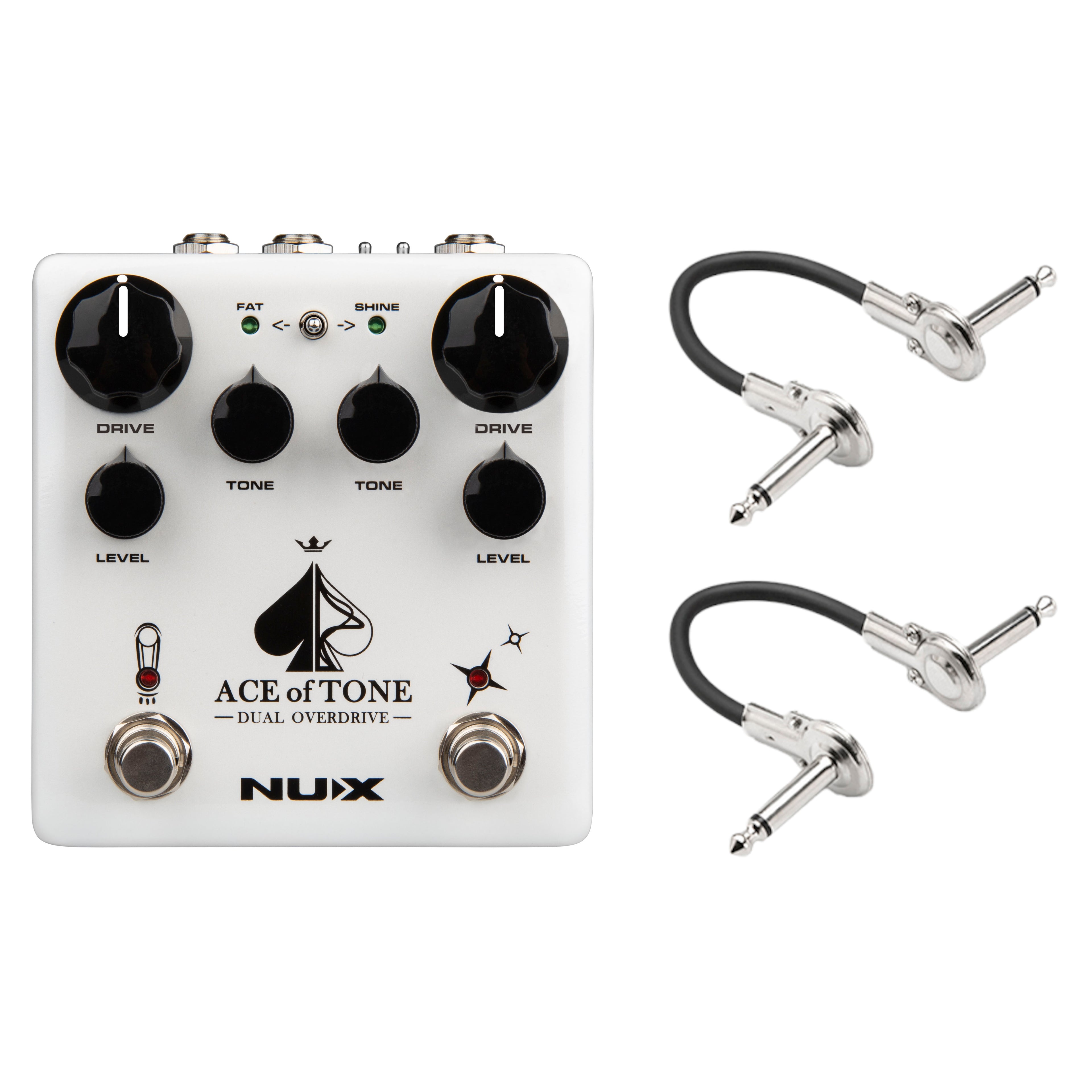 NUX NDO-5 Ace of Tone dual overdrive pedal — white enclosure with two patch cables