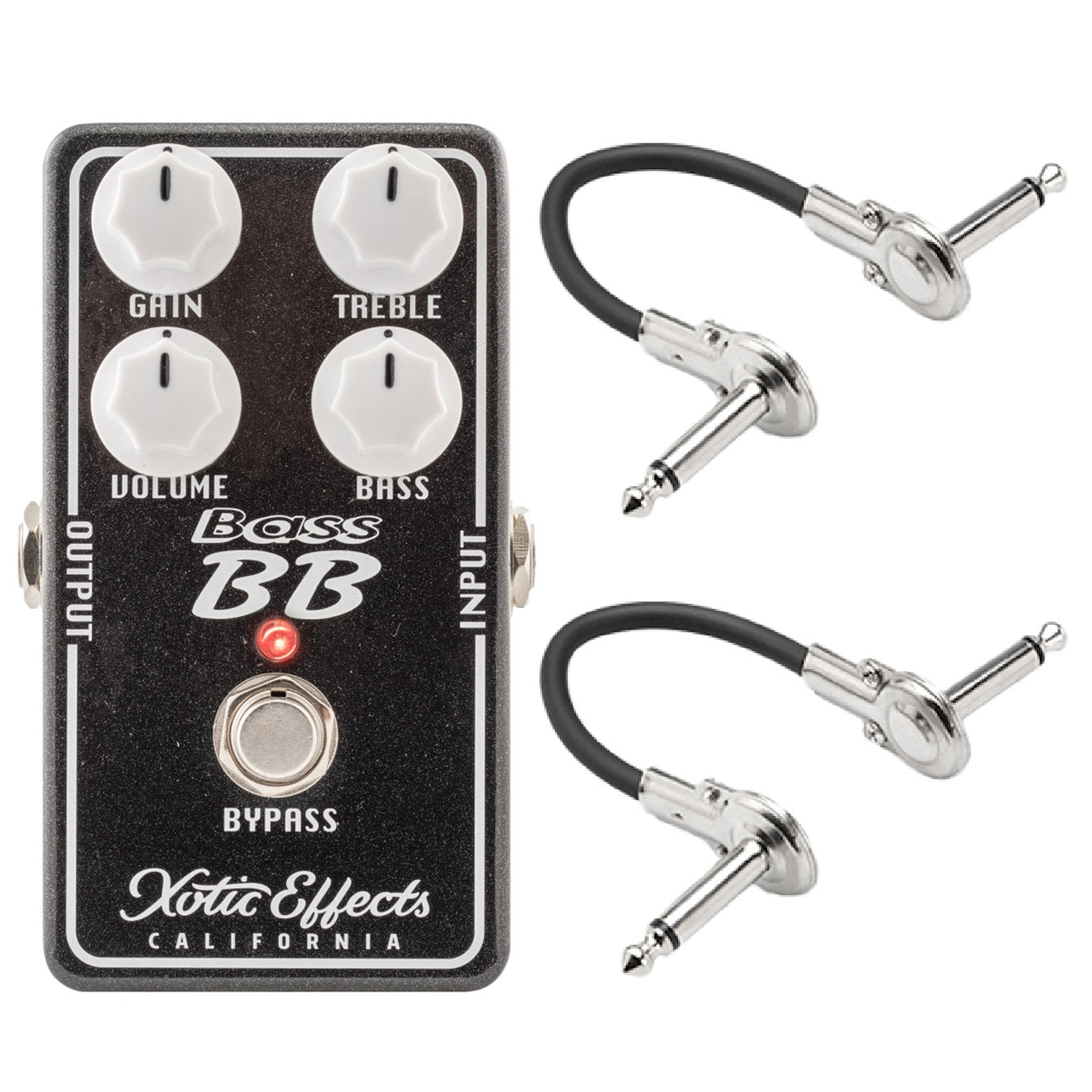 Xotic Bass BB Preamp V1.5 black bass boost pedal with two patch cables