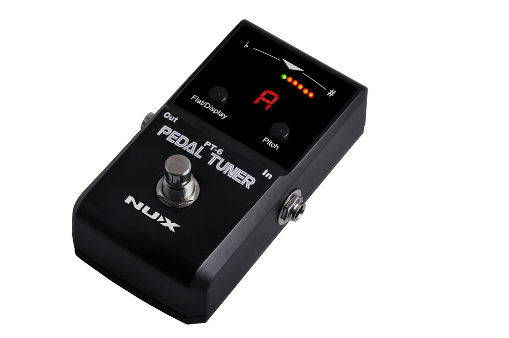 NUX PT-6 chromatic guitar pedal tuner — side input and output jacks view