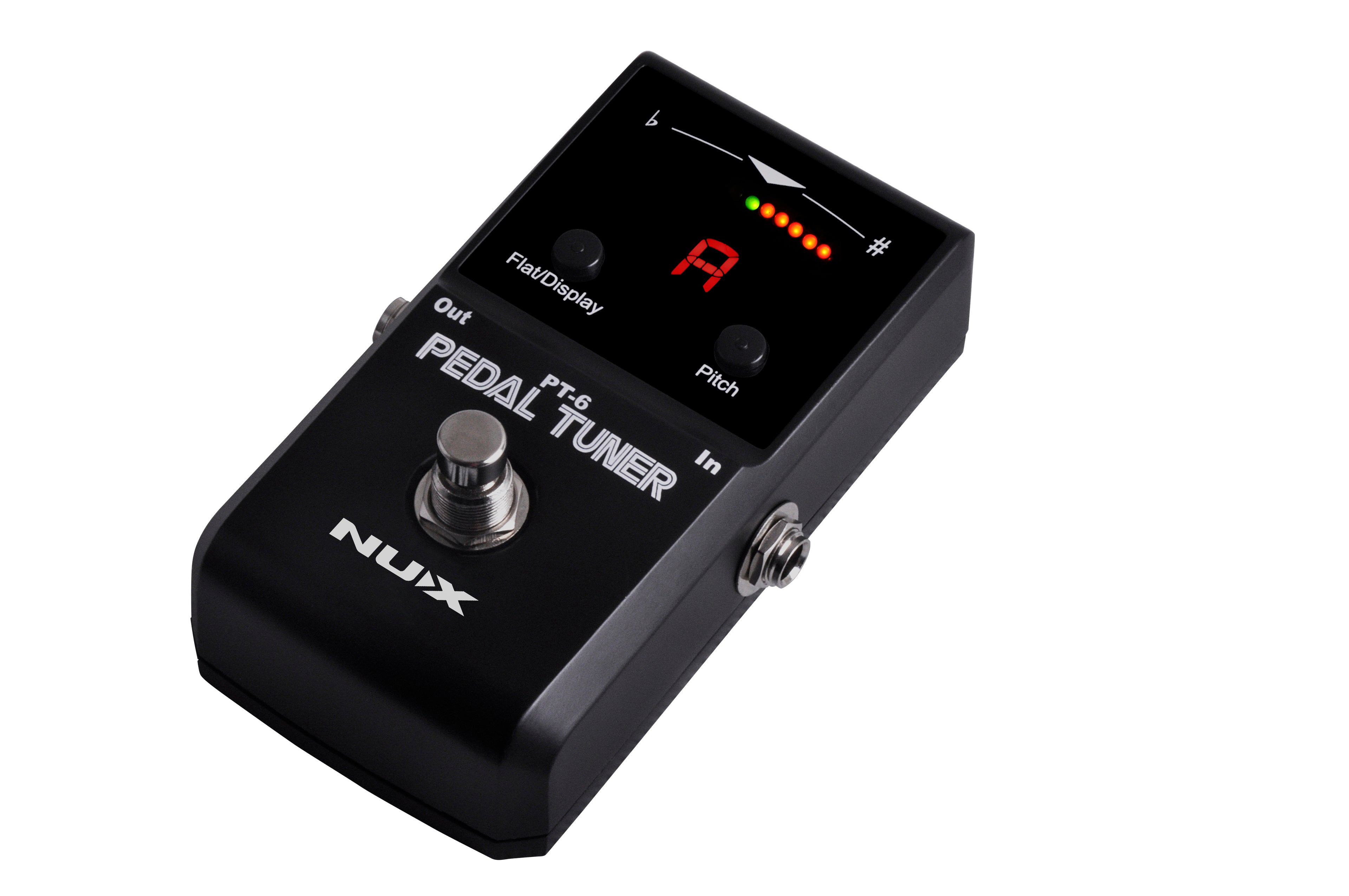 NUX PT-6 chromatic guitar pedal tuner — side input and output jacks view