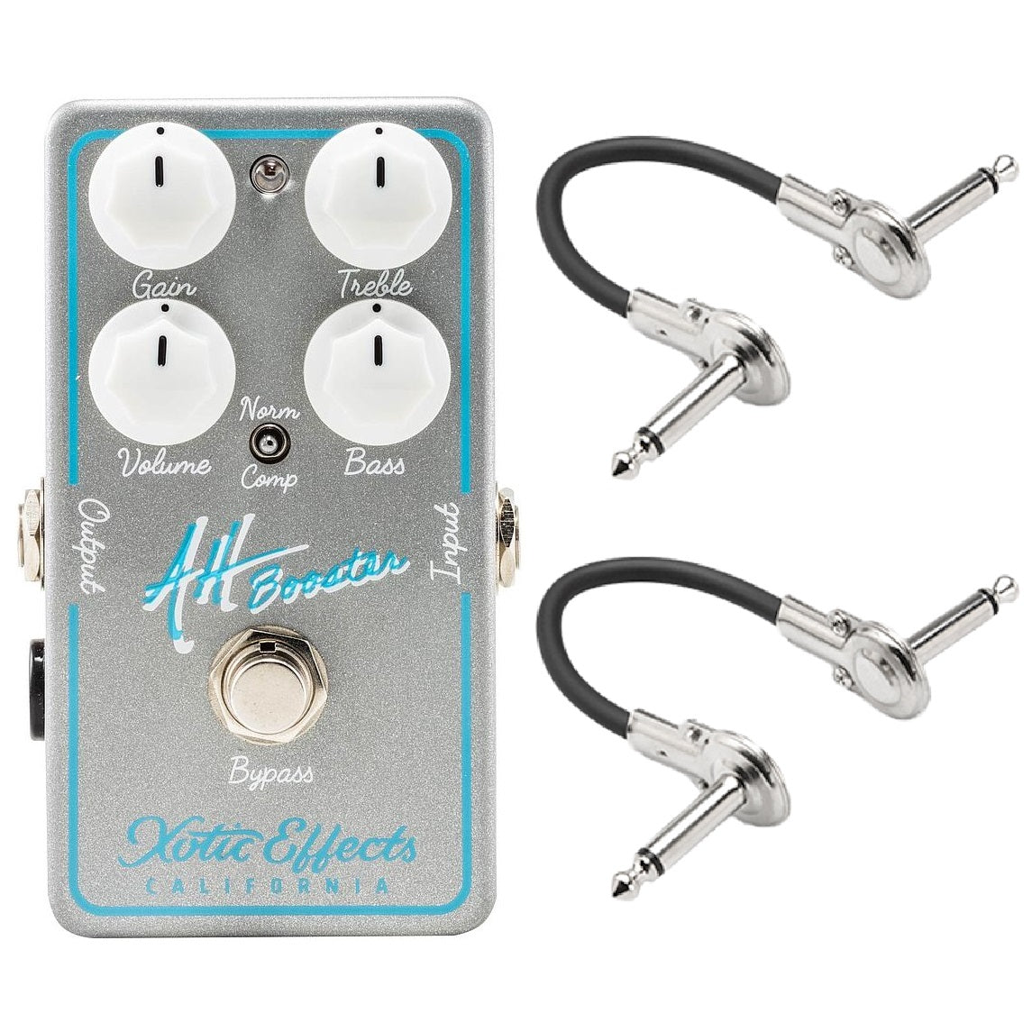 Xotic AH Allen Hinds Booster overdrive pedal — silver enclosure with two patch cables