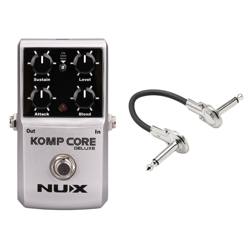 NUX Komp Core Deluxe compressor pedal — silver enclosure angled view