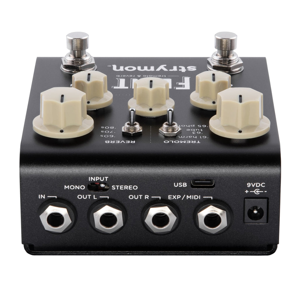 Strymon Flint V2 tremolo reverb pedal — rear panel jacks and switches