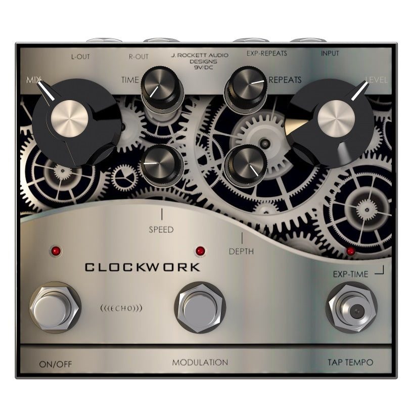 J Rockett Clockwork Echo analog delay pedal — silver gear-graphic top view