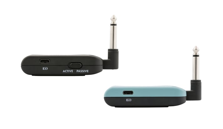 Fender Telepath wireless system side view with right-angle quarter-inch plug and USB-C charging port