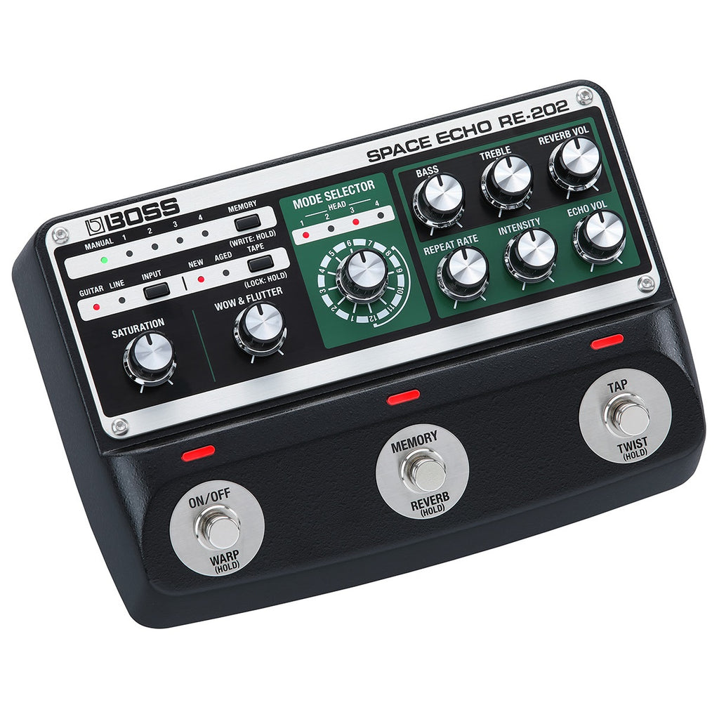 Boss RE-202 Space Echo delay pedal in black with green panel — angled view