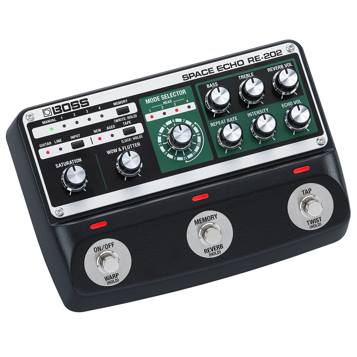 Boss RE-202 Space Echo delay pedal in black with green panel — angled view