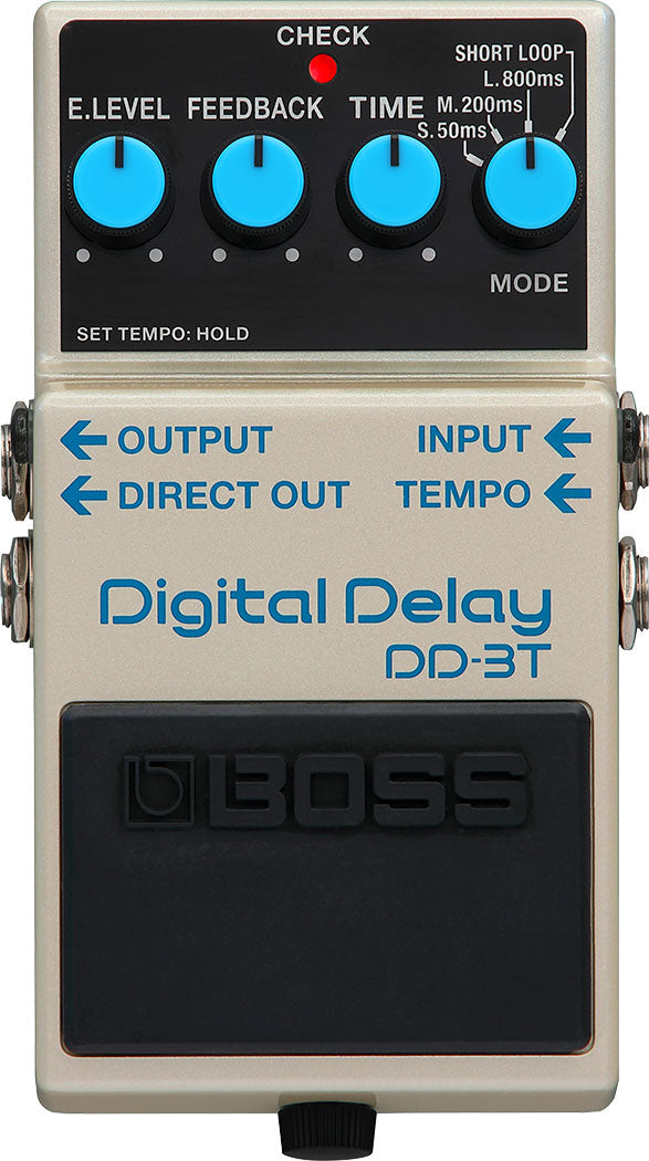 Boss DD-3T Digital Delay guitar pedal — side view of output and input jacks