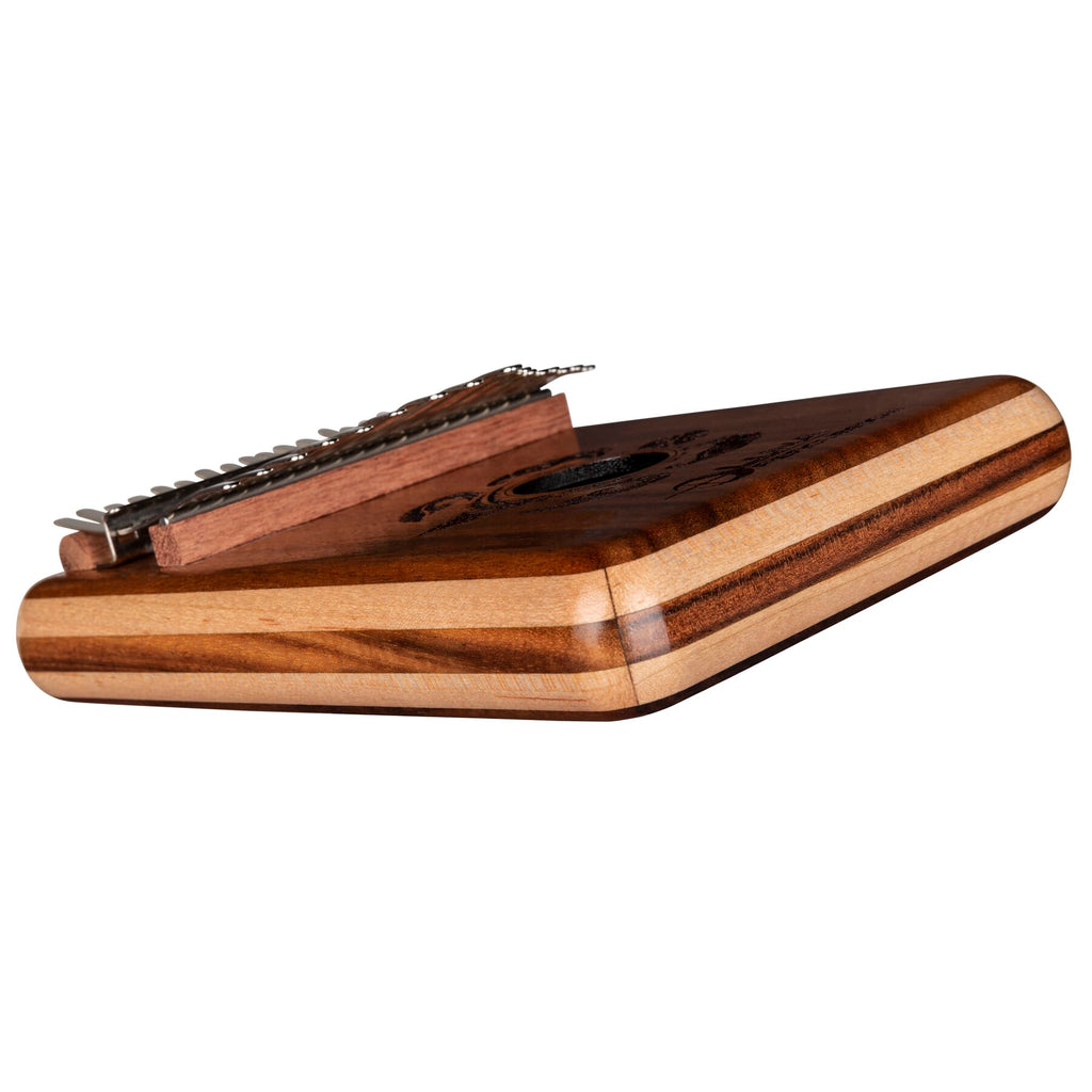 Luna Honu Koa 17-key kalimba — flamed maple binding detail