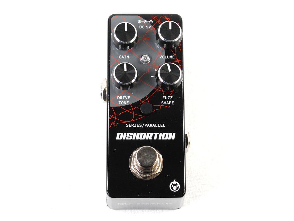 Pigtronix Disnortion overdrive/fuzz pedal — black enclosure, top view
