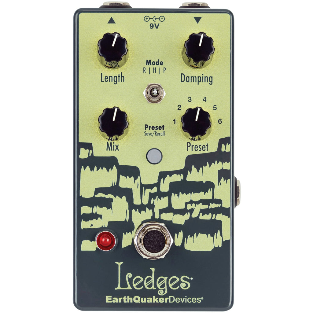 EarthQuaker Devices Ledges reverb pedal - top view, green and gray enclosure