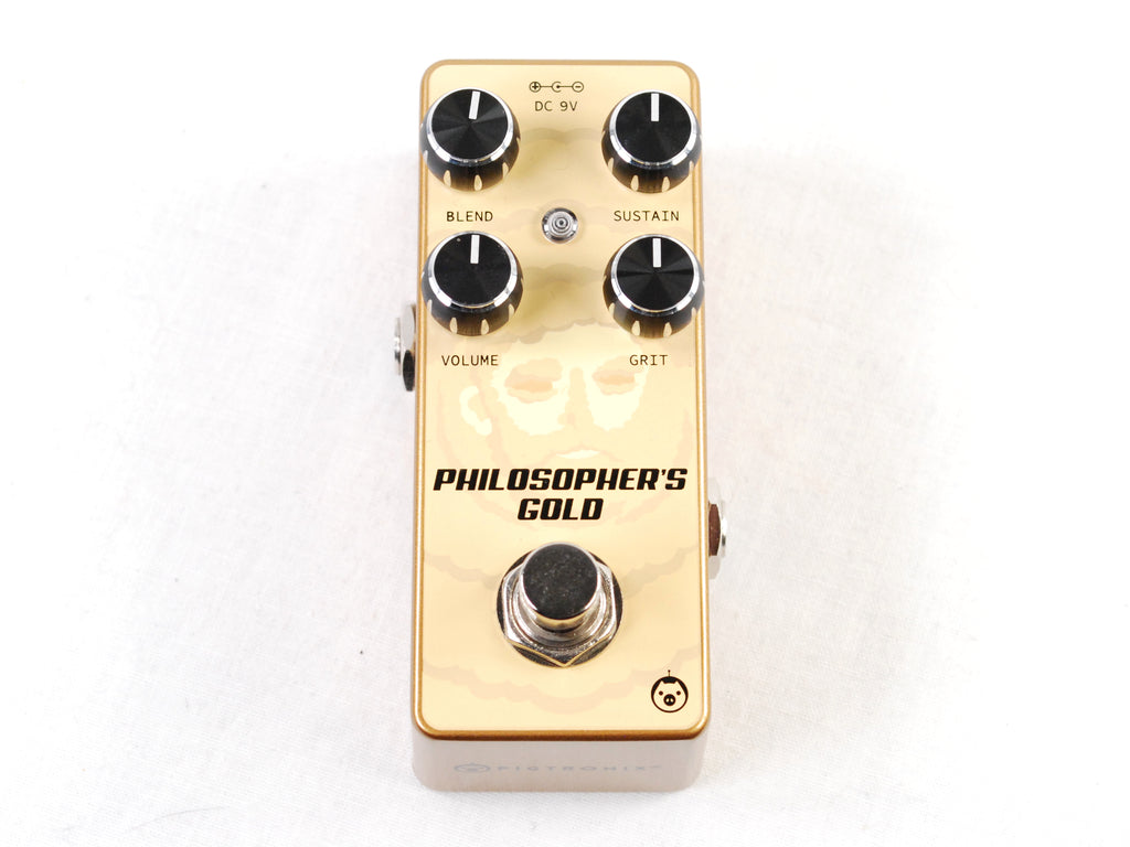 Used Pigtronix Philosopher's Gold distortion pedal — gold enclosure top view