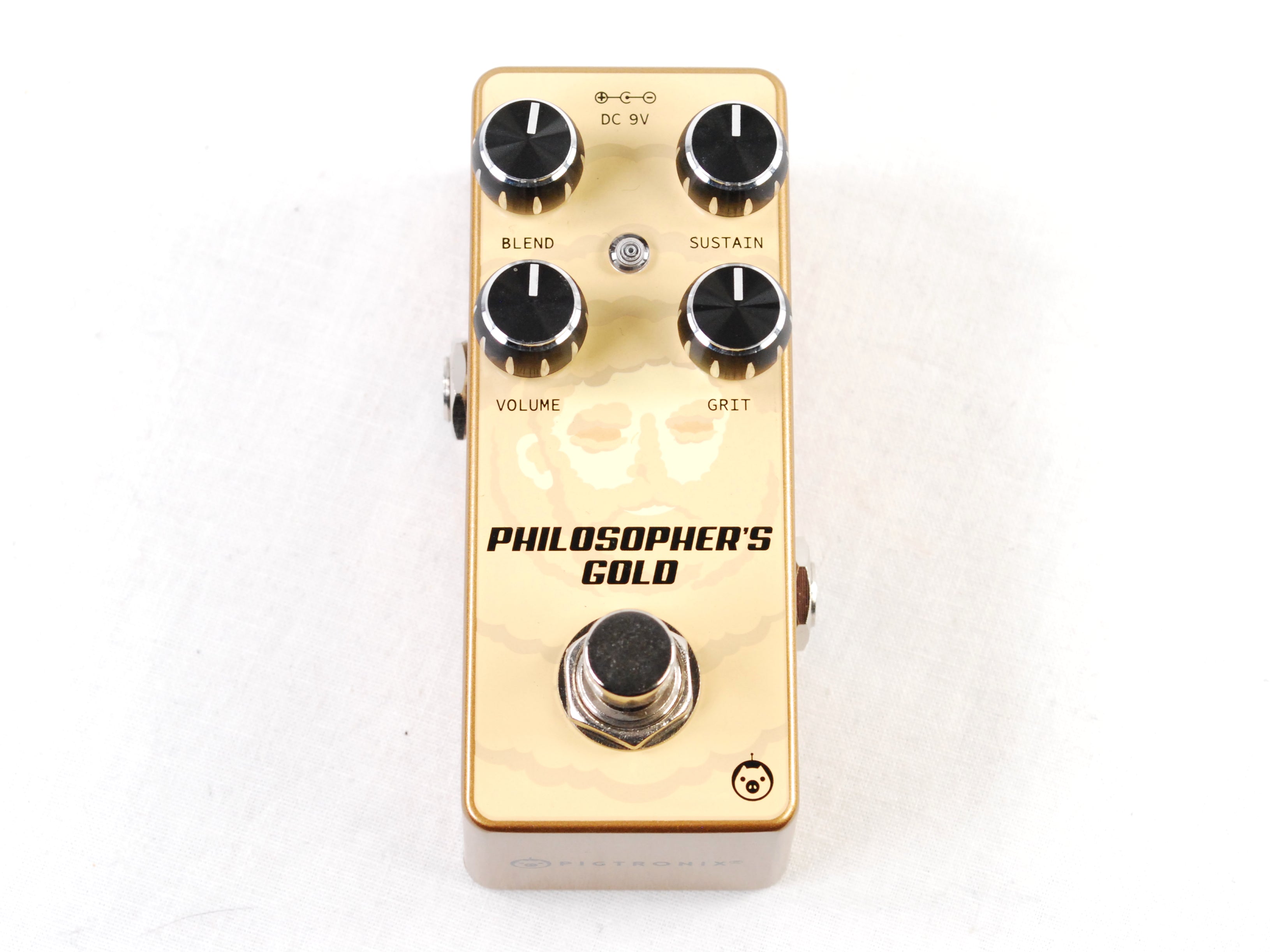 Used Pigtronix Philosopher's Gold distortion pedal — gold enclosure top view