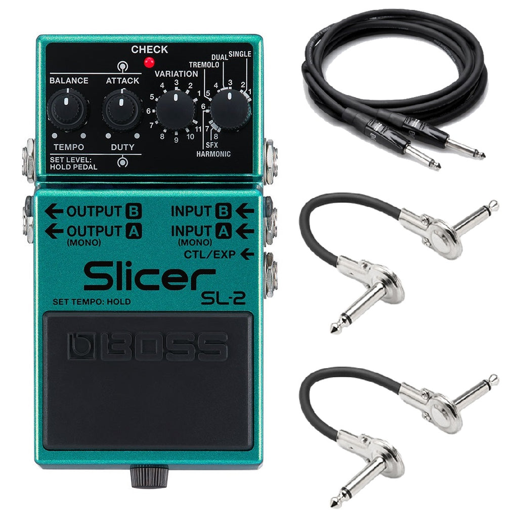Boss SL-2 Slicer pedal — green compact processor with guitar cable and two patch cables