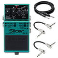 Boss SL-2 Slicer pedal — green compact processor with guitar cable and two patch cables
