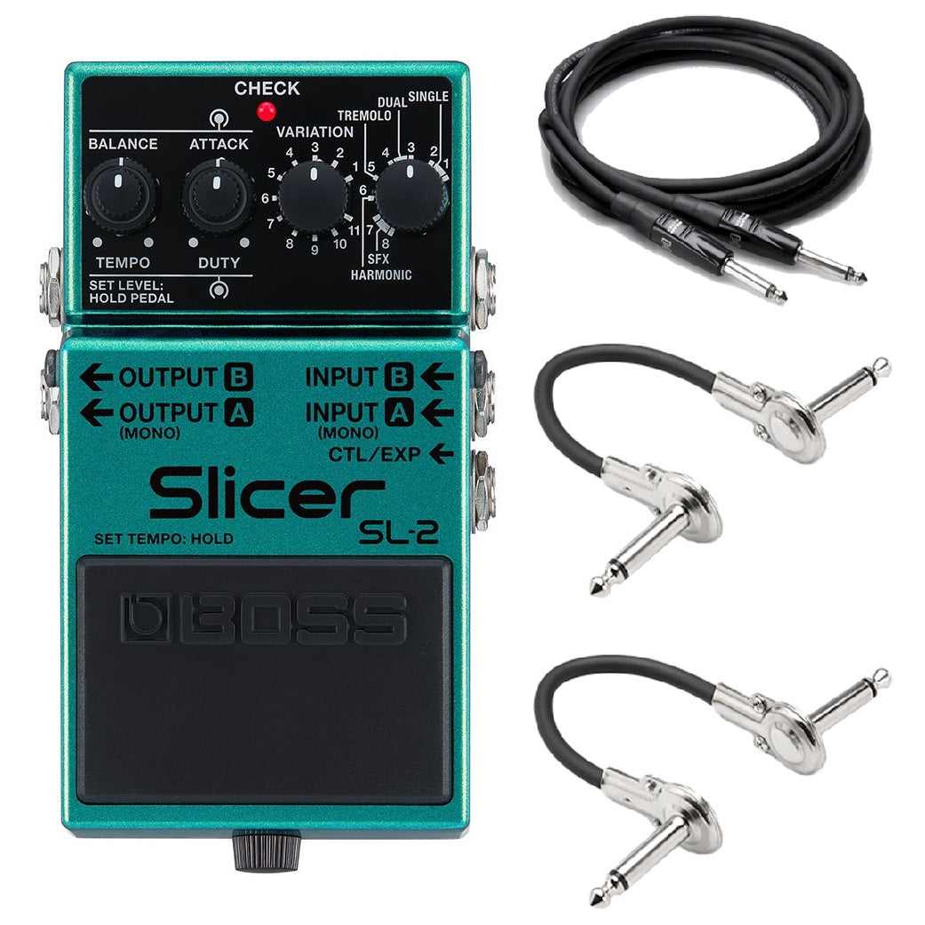Boss SL-2 Slicer pedal — green compact processor with guitar cable and two patch cables