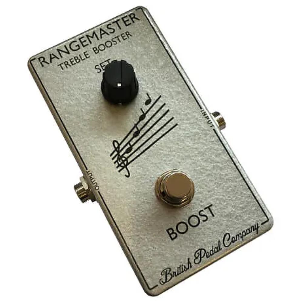 British Pedal Company Rangemaster treble booster pedal — angled, silver enclosure