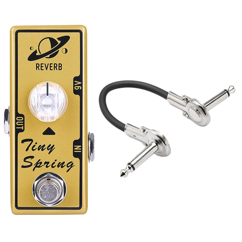 Tone City Tiny Spring V2 reverb mini pedal — top view with patch cable, gold
