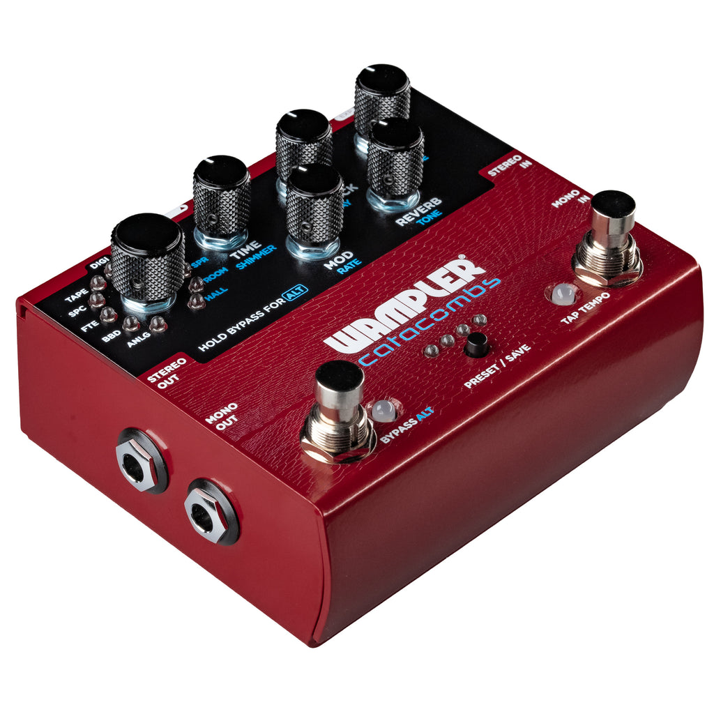 Wampler Catacombs reverb delay pedal — top edge MIDI and power inputs